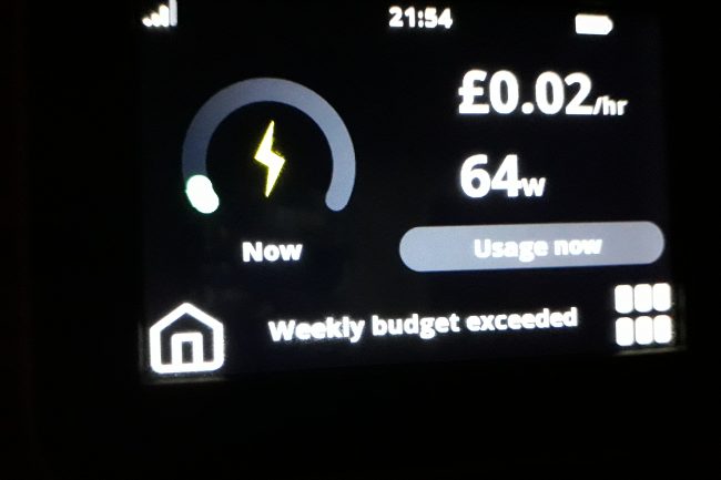 Smart Meter showing current usage of £0.02/hr 64w